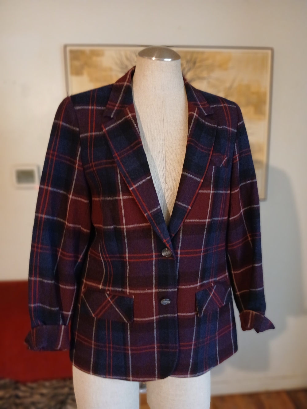 Pendleton Burgundy & Navy Plaid Wool Blazer